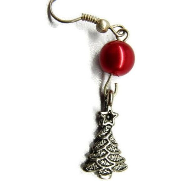 Christmas Tree Red Ball Silver Tone Vertical Drop Dangle Hook Earrings Womans - Picture 5 of 7